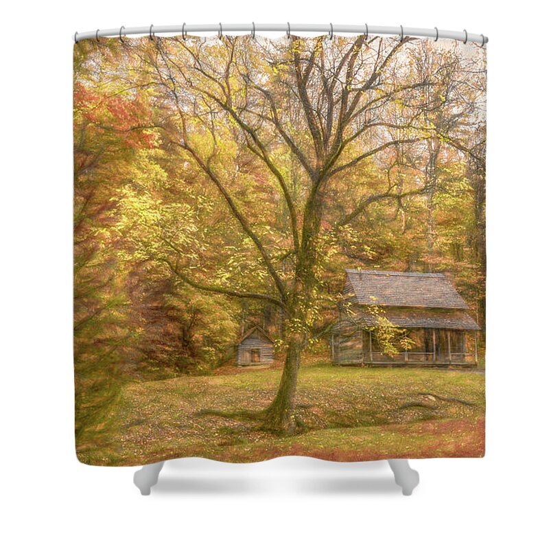 Cades Cove Shower Curtain featuring the photograph Cozy Mountain Log Cabin by Marcy Wielfaert