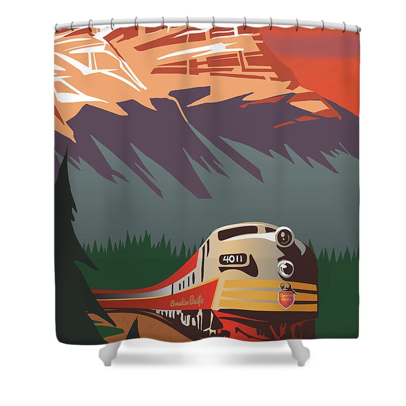 Retro Travel Shower Curtain featuring the digital art CP Travel by Train by Sassan Filsoof