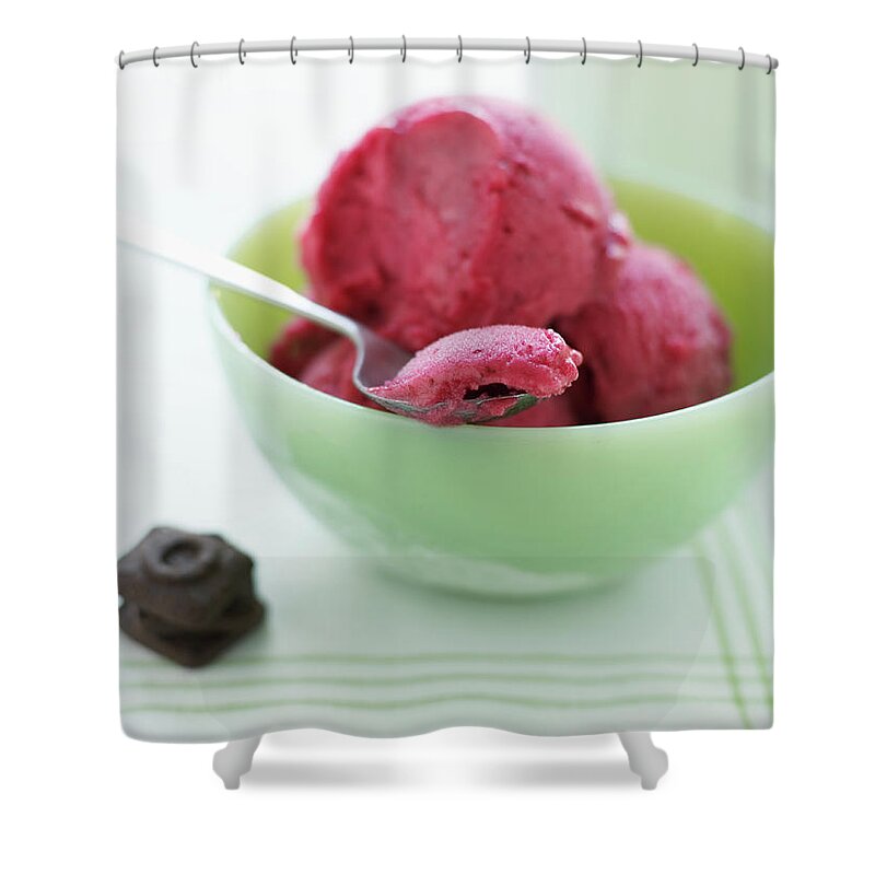 Temptation Shower Curtain featuring the photograph Cranberry Lime Sorbet With Cookies by Alexandra Grablewski