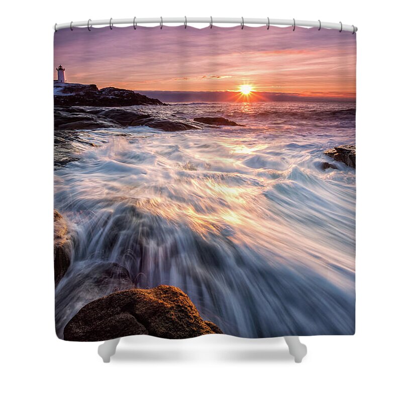Amazing New England Shower Curtain featuring the photograph Crashing Waves at Sunrise, Nubble Light. by Jeff Sinon