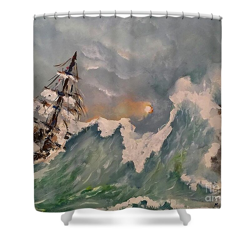 Crashing Waves Thunderstorm Ocean Water Sea Wave Ship Clouds Cloudy Acrylic Painting Blue Sunset Evening Seascape Shower Curtain featuring the painting Crashing Waves by Miroslaw Chelchowski