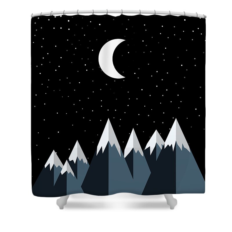 Rocky Shower Curtain featuring the digital art Crescent Moon and Snow Capped Mountains by Pelo Blanco Photo