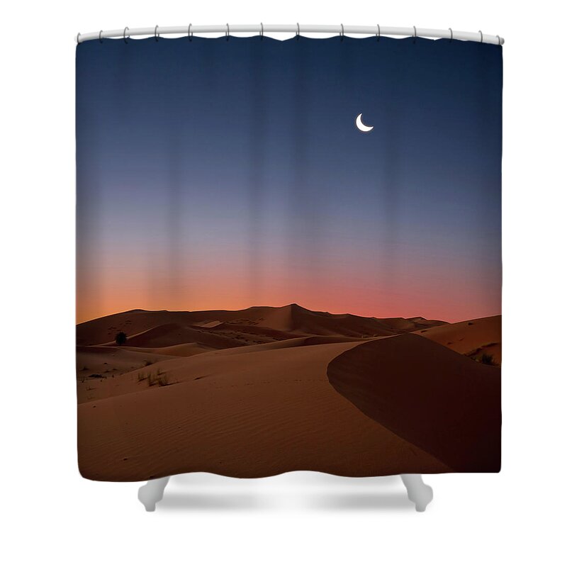 Tranquility Shower Curtain featuring the photograph Crescent Moon Over Dunes by Photo By John Quintero