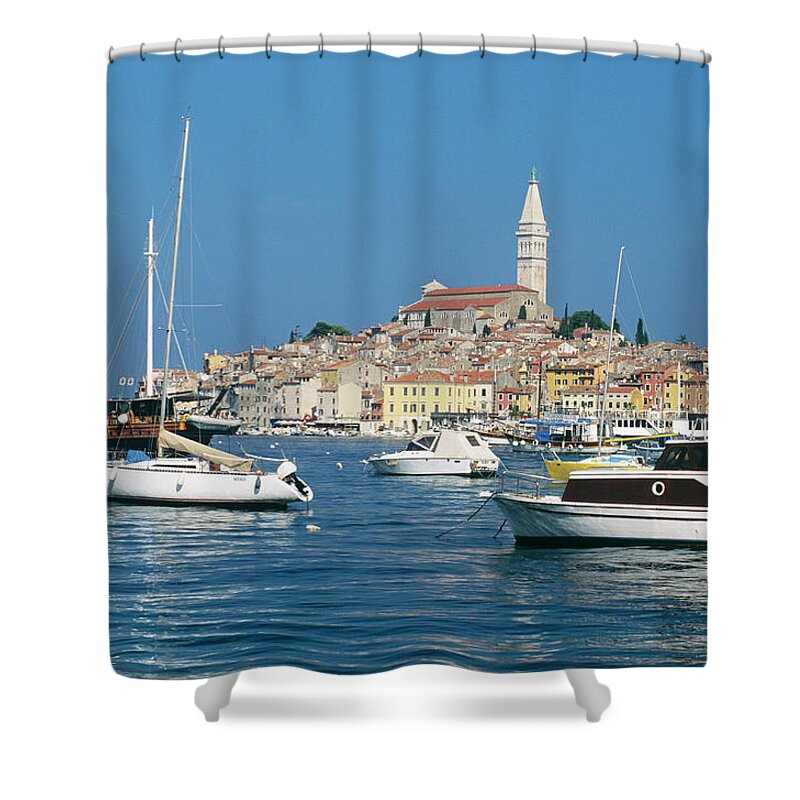 Adriatic Sea Shower Curtain featuring the photograph Croatia, Rovinj, Boats In Harbor, Town by Stefano Salvetti