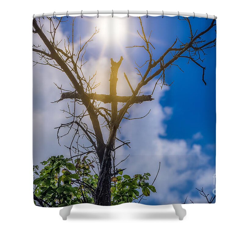 Wall Art Shower Curtain featuring the photograph Cross from the Heavens by Peggy Franz