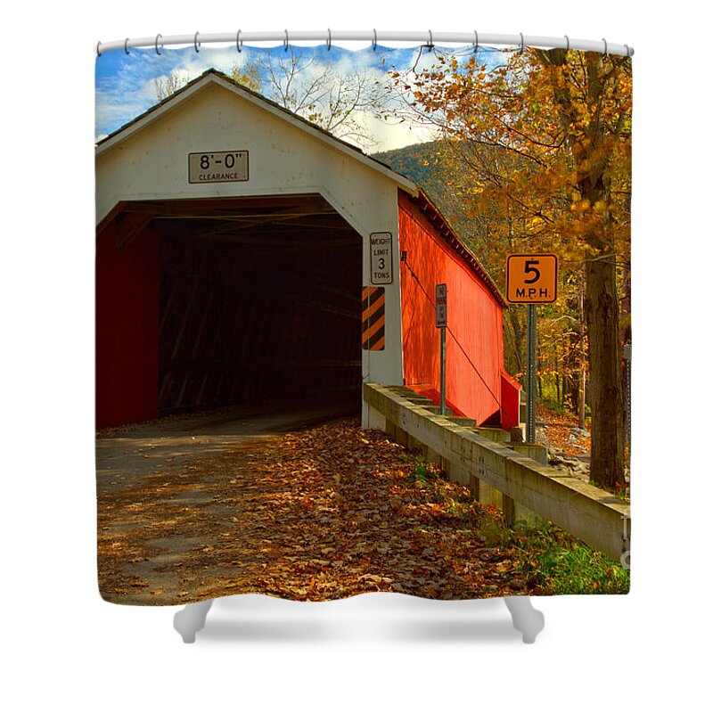 Eagleville Covered Bridge Shower Curtain featuring the photograph Crossing The Battenkill River by Adam Jewell