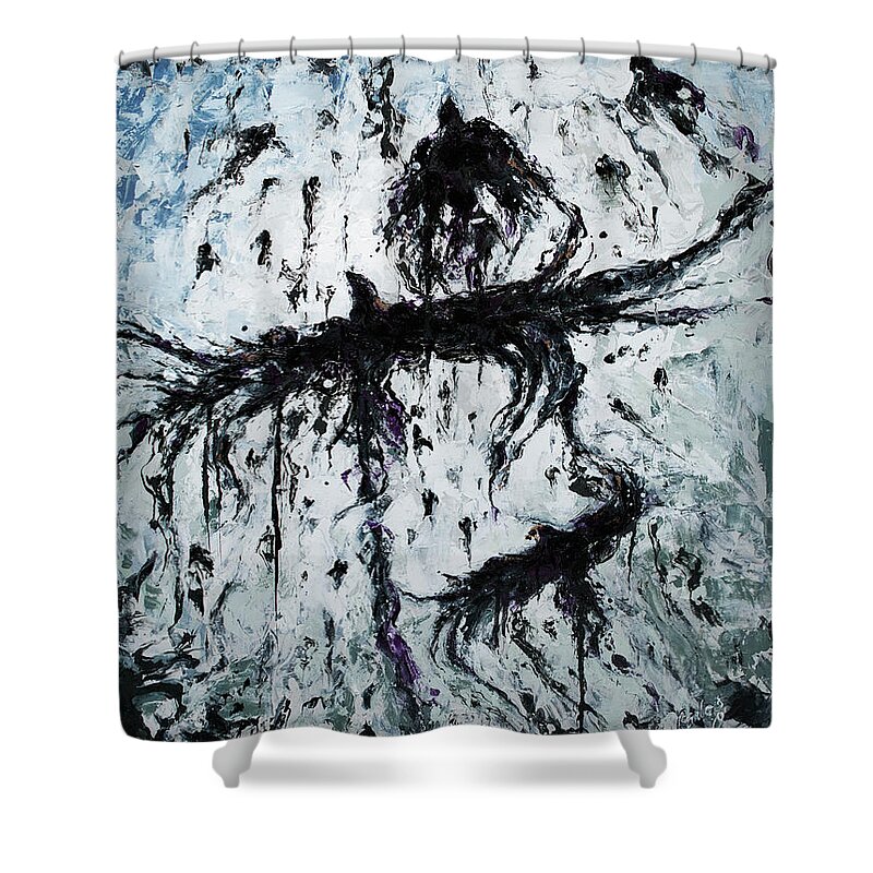 Birds Shower Curtain featuring the painting Crows Crossing by Carlos Flores