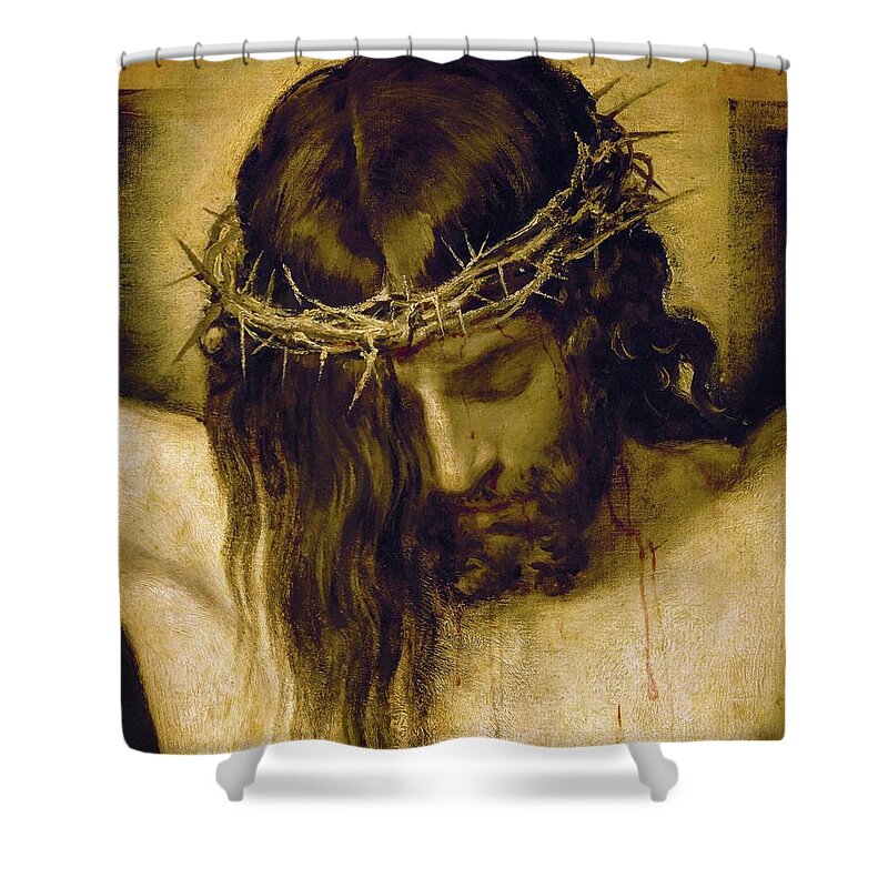 Cristo Crucificado Shower Curtain featuring the painting Crucified Christ -detail of the head-. Cristo crucificado. Madrid, Prado museum. DIEGO VELAZQUEZ . by Diego Velazquez -1599-1660-