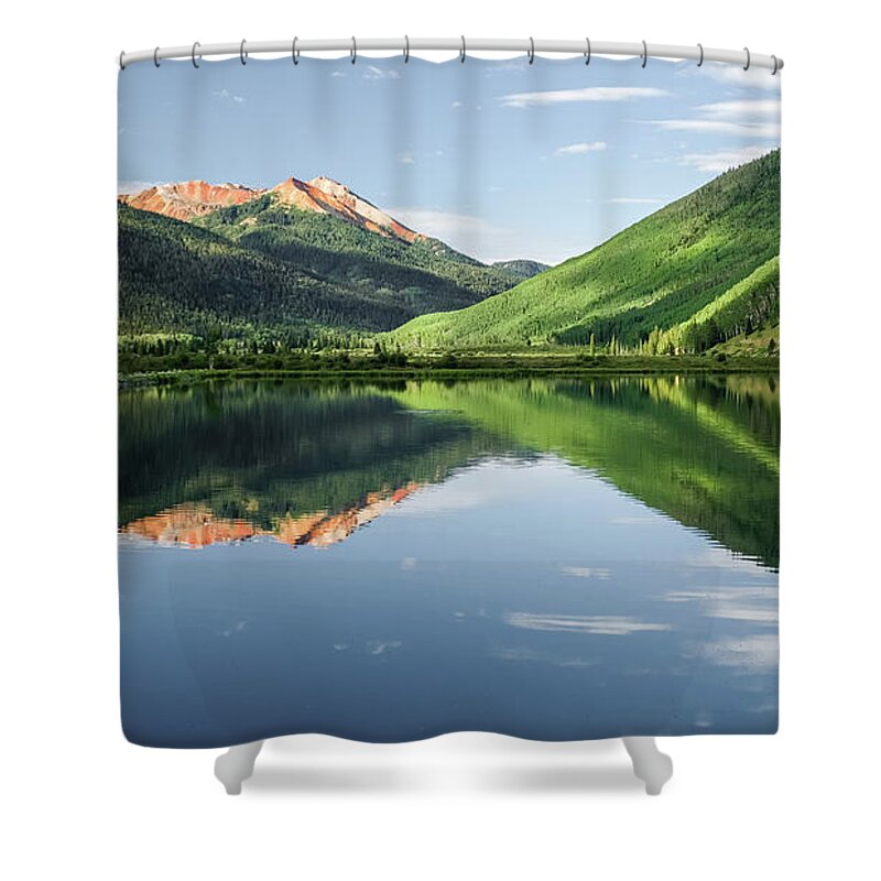 Crystal Lake Shower Curtain featuring the photograph Crystal Lake Red Mountain Reflection in Ouray Colorado by Robert Bellomy