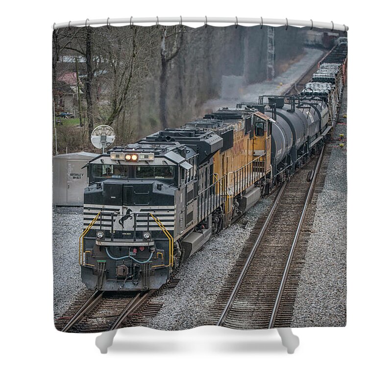 Railroad Shower Curtain featuring the photograph CSX Q500, led by Norfolk Southern 1111 by Jim Pearson