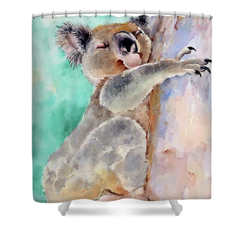 Koala Shower Curtain featuring the painting Cuddly Koala Watercolor painting by Chris Hobel