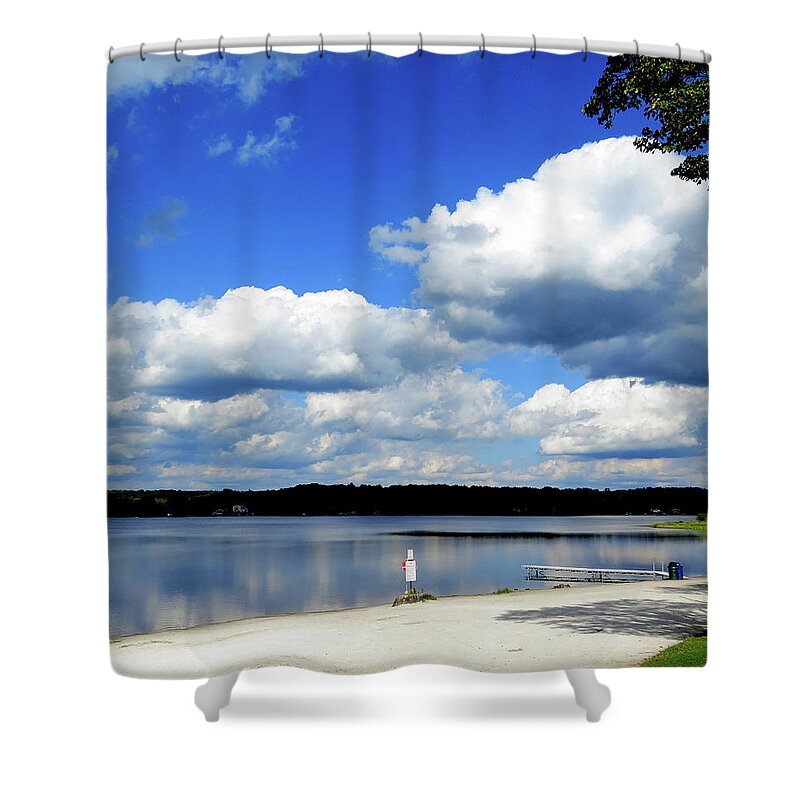 Cumulus Clouds Shower Curtain featuring the photograph Cumulus Clouds Over a Lake in the Pocono Mountains in Pennsylvania by Linda Stern