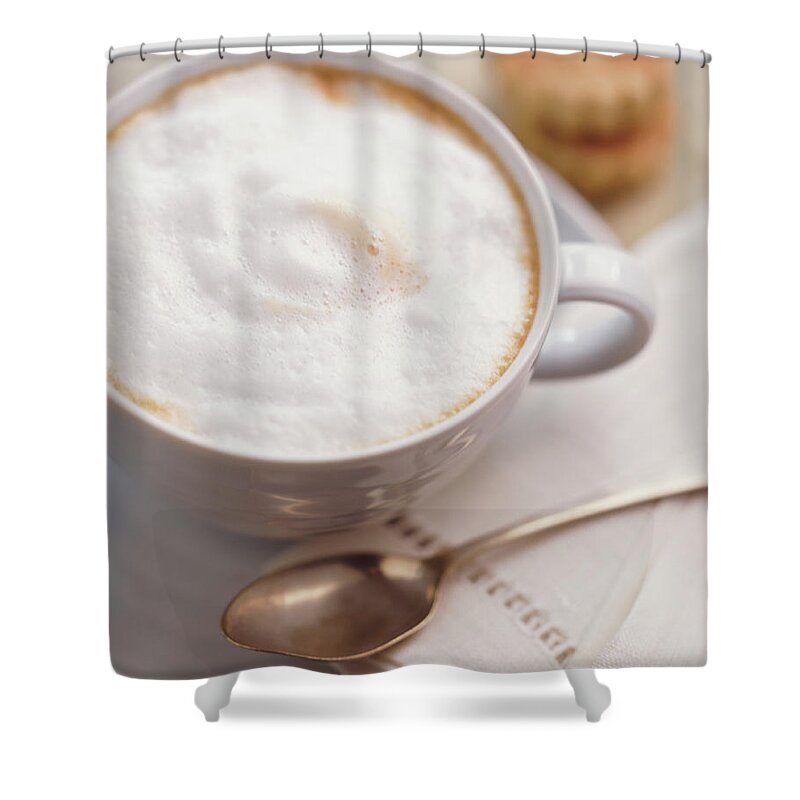 Food And Drink Shower Curtain featuring the photograph Cup Of Cappuccino by Digital Vision.
