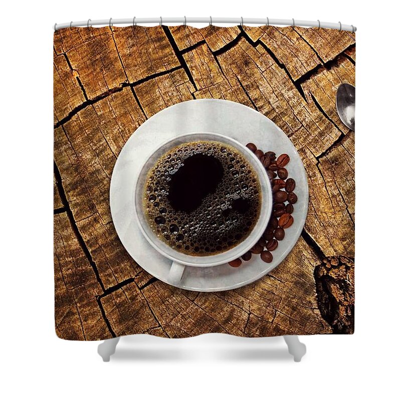 Photo Shower Curtain featuring the photograph Cup of coffe on wood by Top Wallpapers