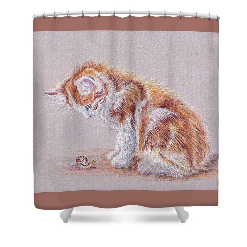 Cat Shower Curtain featuring the painting Curiosity and the fluffy kitten by Debra Hall