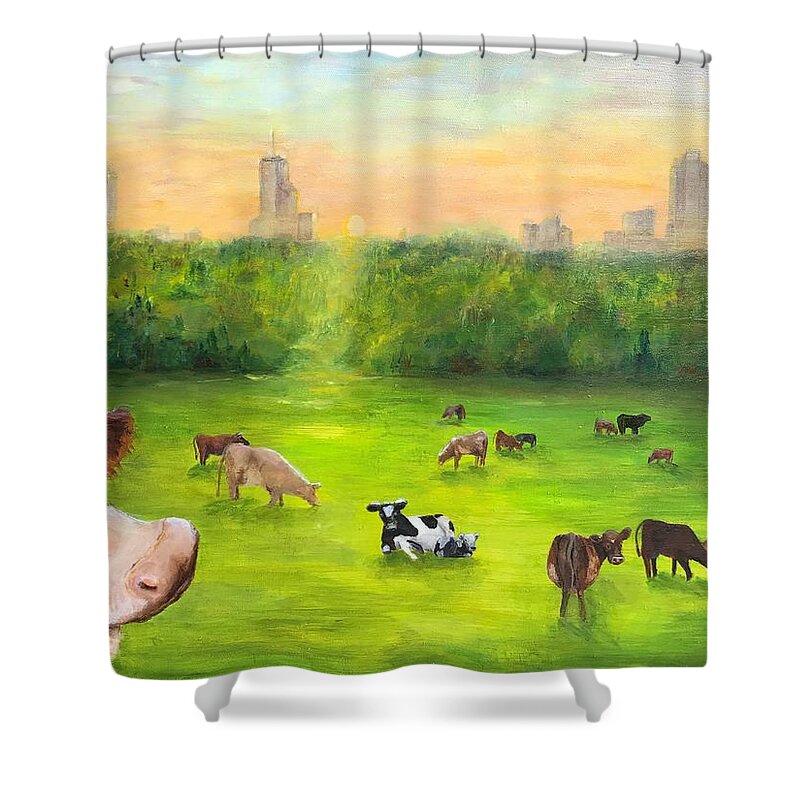 Curious Shower Curtain featuring the painting Curious Cow by Deborah Naves