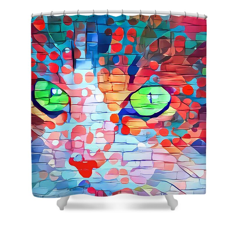 Red Shower Curtain featuring the digital art Cute Cat Face Red Paint Daubs by Don Northup