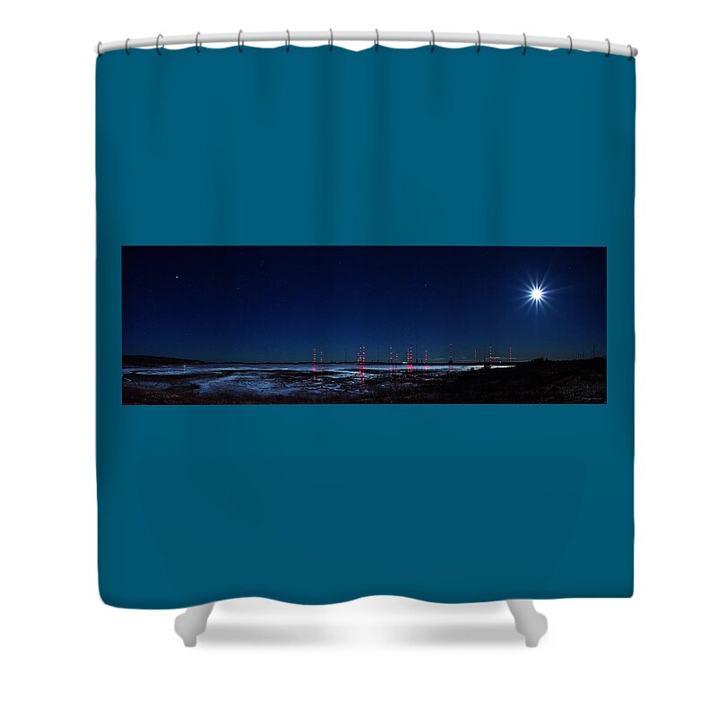 Cutler Naval Transmitter Station Shower Curtain featuring the photograph Cutler Naval Station By Moonlight by Marty Saccone