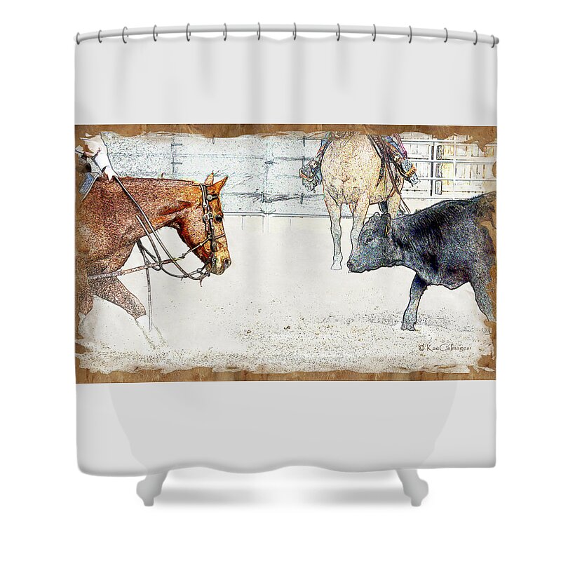 Horse Shower Curtain featuring the mixed media Cutting Horse At Work by Kae Cheatham