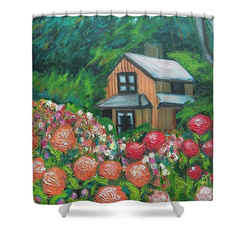 Dahlias Shower Curtain featuring the painting Dahlias in the Woods by Laurie Morgan