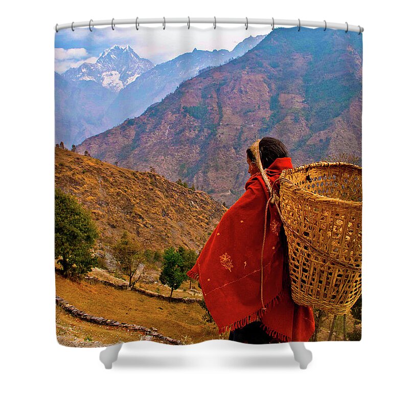 Trek Shower Curtain featuring the photograph Daily life for a working woman in the Himalayas of Nepal by Leslie Struxness