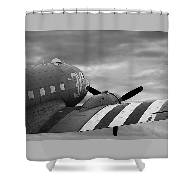 Aircraft Shower Curtain featuring the photograph Dakota C-47 Close Up In Mono by Gill Billington