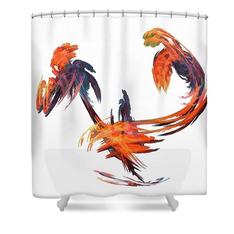 White Shower Curtain featuring the digital art Dance of the Birds Orange by Don Northup