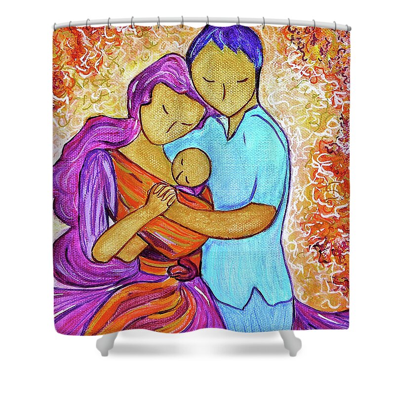 Dancing Family Shower Curtain featuring the painting Dancing family of three in orange by Gioia Albano