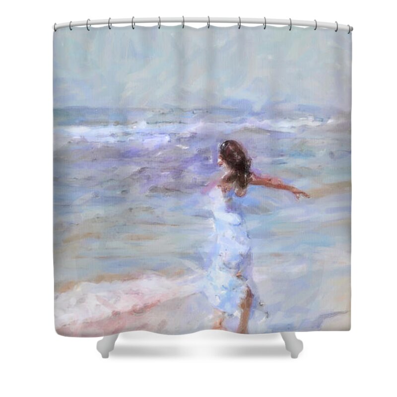 Impressionist Shower Curtain featuring the painting Dancing on the sand by Chris Armytage