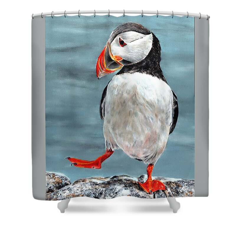Puffin Shower Curtain featuring the painting Dancing Puffin by John Neeve