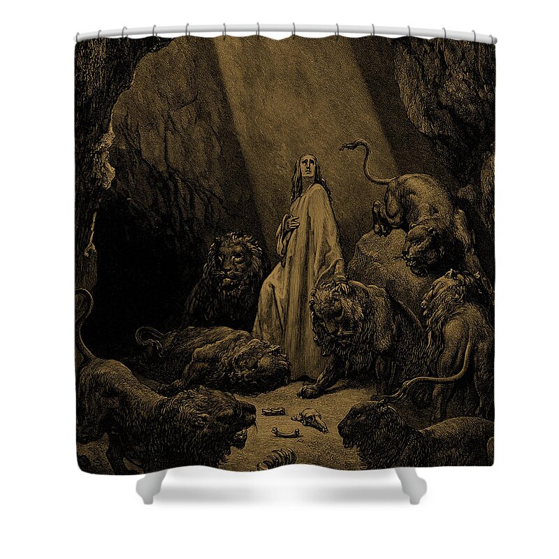 Brown Shower Curtain featuring the painting Daniel In The Lions Den, By Dore by Gustave Dore