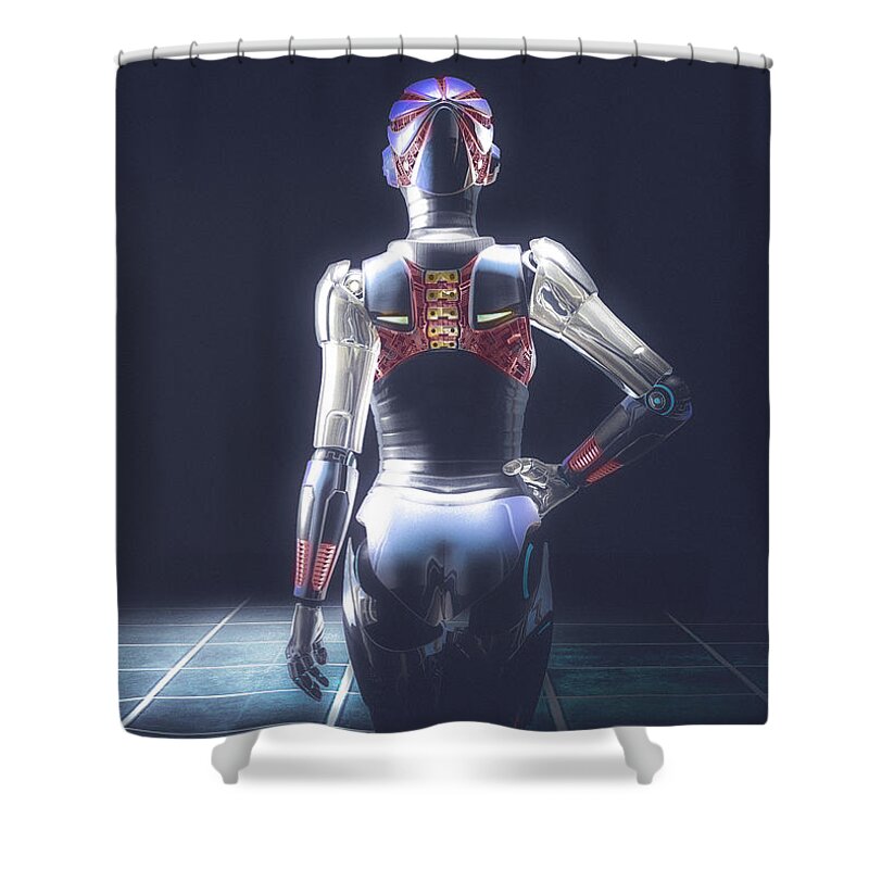 Robot Shower Curtain featuring the digital art Dark Hall Two by Bob Orsillo