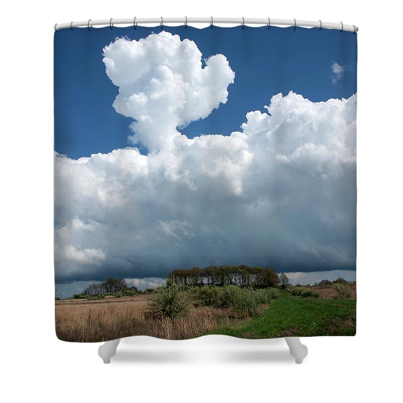 Thunderstorm Shower Curtain featuring the photograph Dark Storm Clouds Over Field by Jygallery