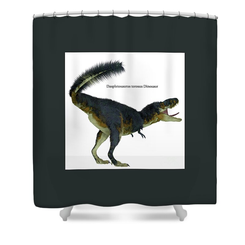 Daspletosaurus Shower Curtain featuring the digital art Daspletosaurus Dinosaur Tail with Font by Corey Ford