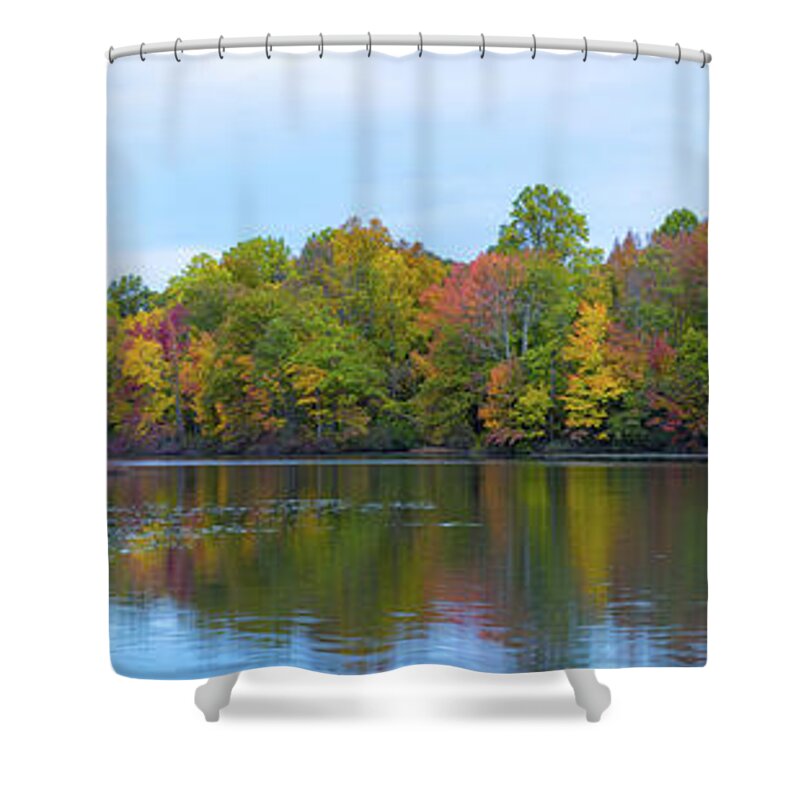 Davidsons Mill Pond Shower Curtain featuring the photograph Davidson's Mill Pond Autumn Panorama by Michael Ver Sprill