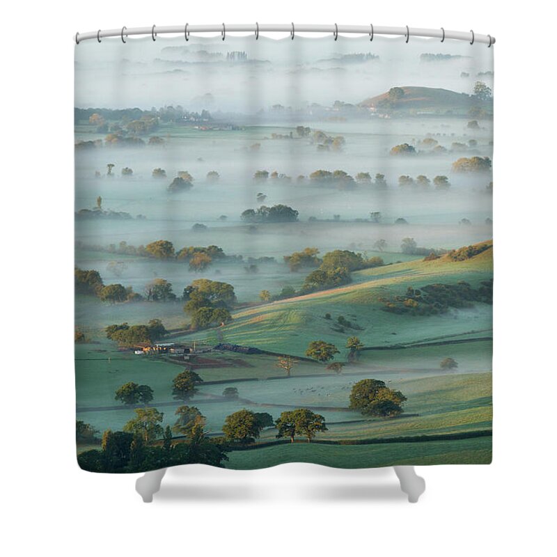Dawn Shower Curtain featuring the photograph Dawn Mist On Somerset Levels by Dr T J Martin