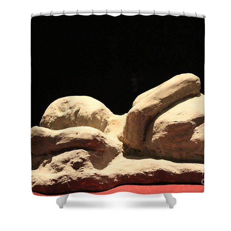 Person Shower Curtain featuring the photograph Day In The Life of Pompeii Exhibit Person on Back by Colleen Cornelius