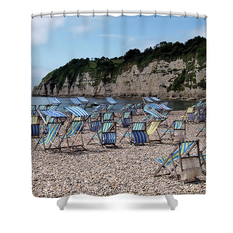 Tranquility Shower Curtain featuring the photograph Deckchairs At Beer, Devon, Uk 2013 by Nik Taylor
