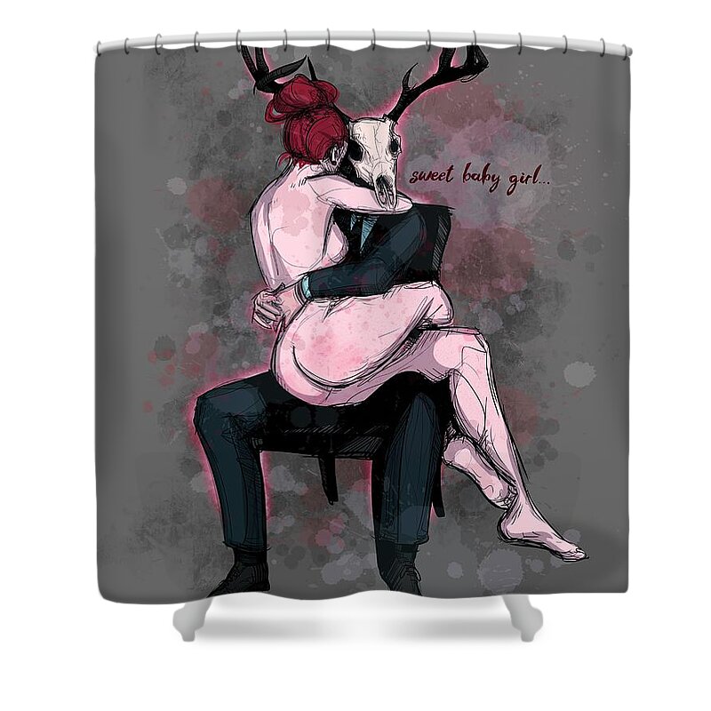 Daddy Shower Curtain featuring the drawing Deer Daddy Series 3 Sweet Baby Girl by Ludwig Van Bacon