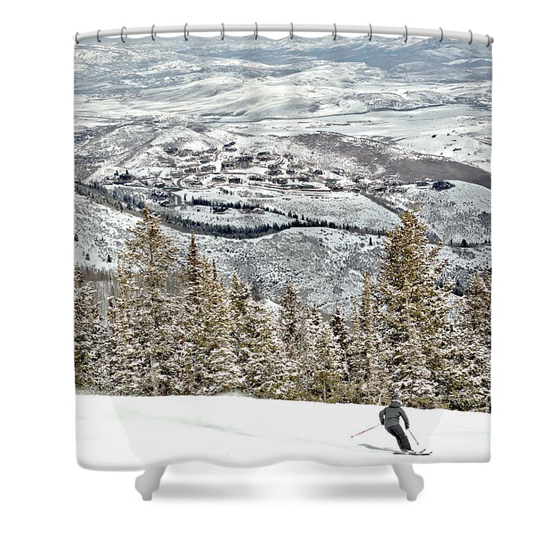 Deer Valley Shower Curtain featuring the photograph Deer Valley Alpine Skier by Adam Jewell