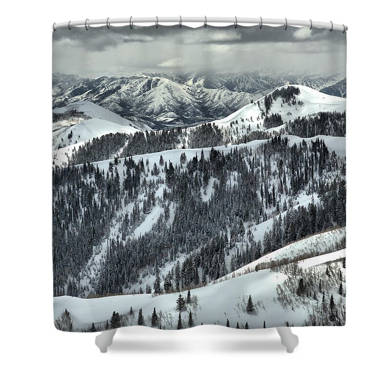 Deer Valley Shower Curtain featuring the photograph Deer Valley Bald Mountain Snowy Views by Adam Jewell