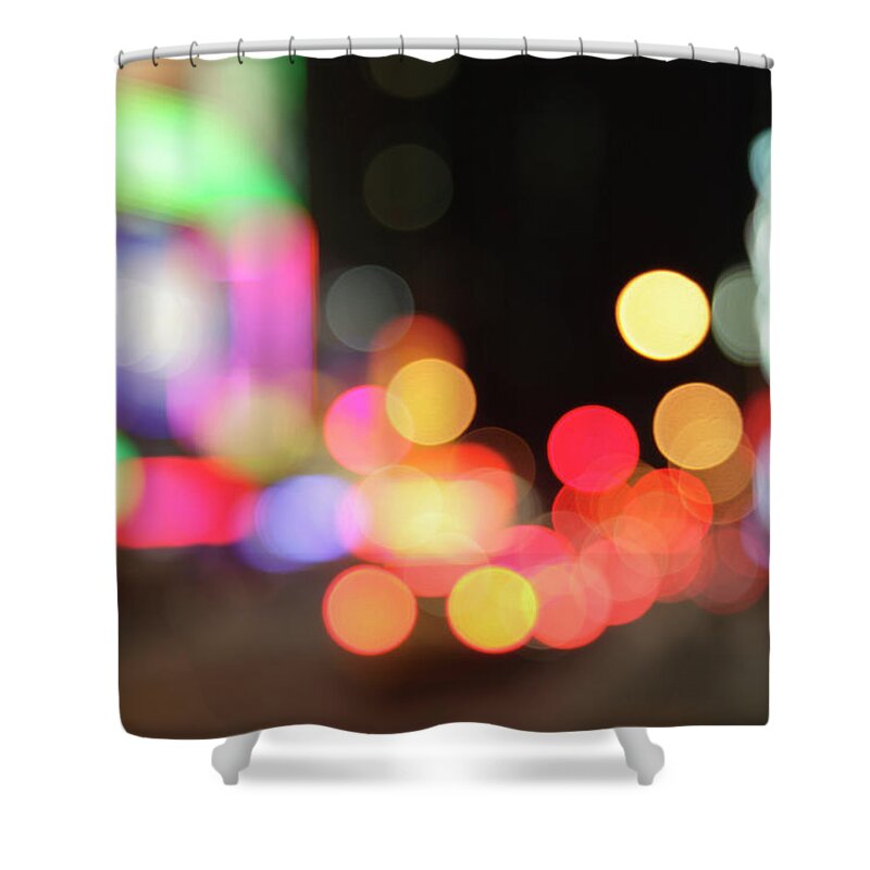 Funky Shower Curtain featuring the photograph Defocused Light Dots At Times Square In by Sebastian-julian