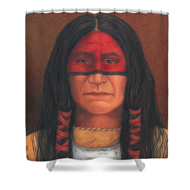 Native American Portrait. American Indian Portrait. Shower Curtain featuring the painting Delaware Warrior by Valerie Evans