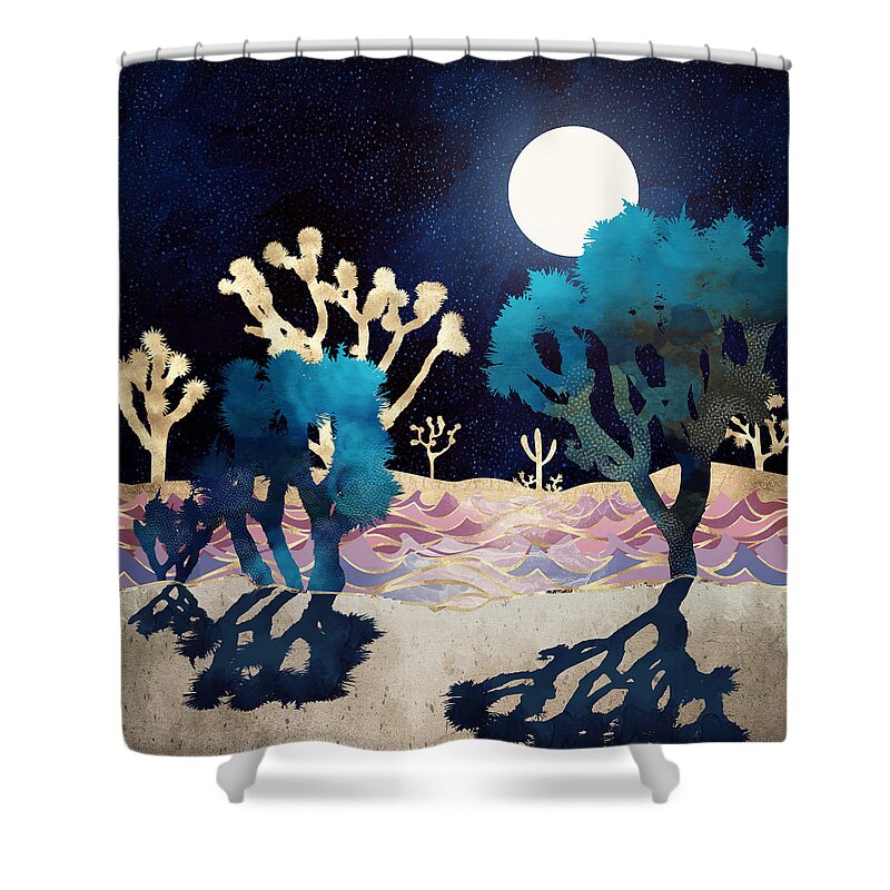 Digital Shower Curtain featuring the digital art Desert Lake Moonlight by Spacefrog Designs
