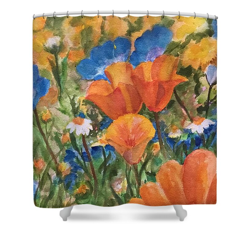 Baby Blue Eyes Shower Curtain featuring the painting Desert Spring Flowers by Cheryl Wallace
