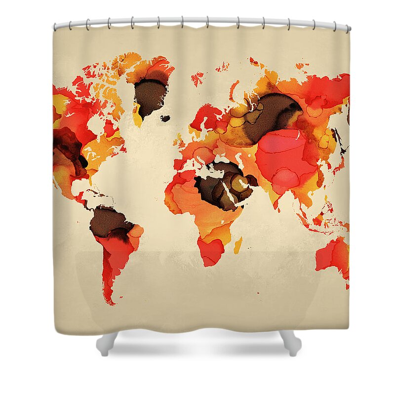 World Map Shower Curtain featuring the mixed media Design 138 World Map by Lucie Dumas