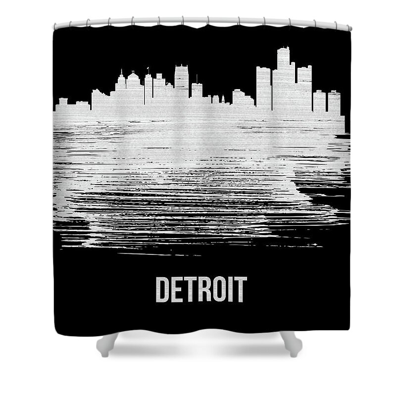 Detroit Shower Curtain featuring the mixed media Detroit Skyline Brush Stroke White by Naxart Studio