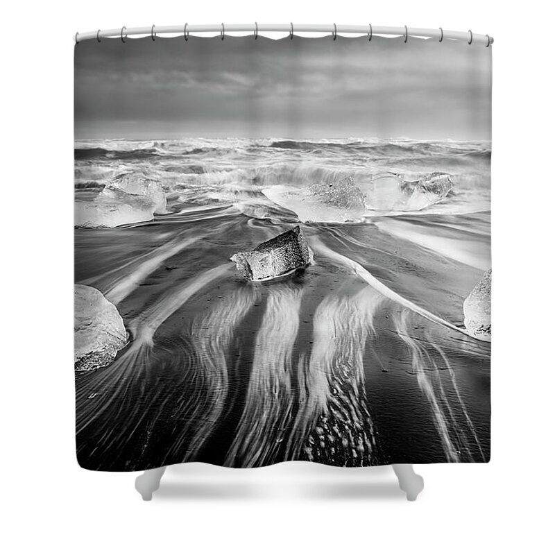 Joan Carroll Shower Curtain featuring the photograph Diamond Beach Iceland V BW by Joan Carroll