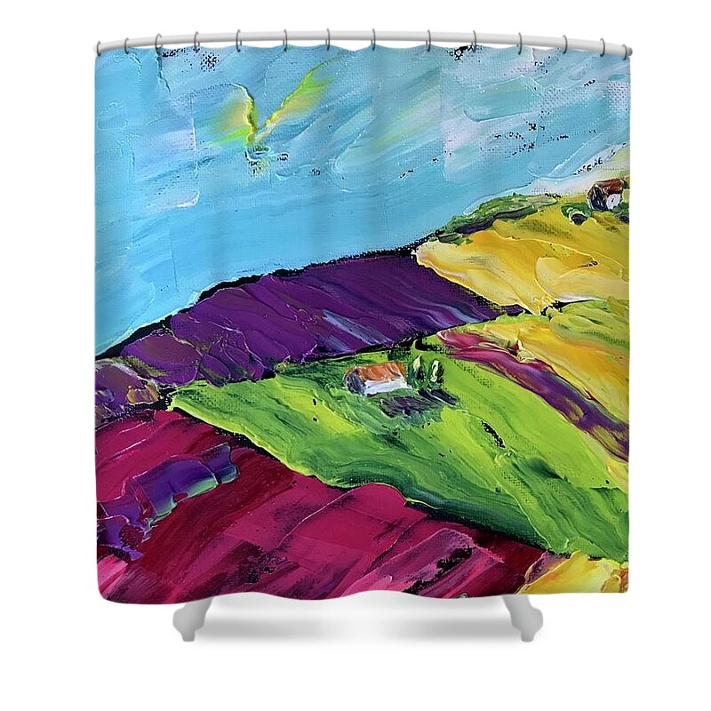 Oil Painting Shower Curtain featuring the painting Didi's Hills by Carrie Jacobson