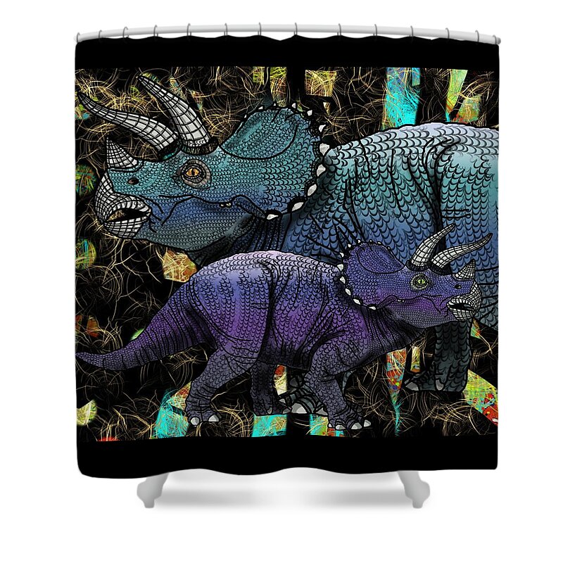 Dinosaur Shower Curtain featuring the digital art Dinosaur Triceratops and calf by Joan Stratton